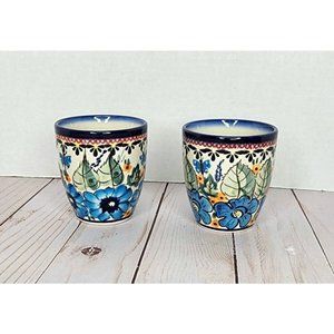 Polish Pottery Tumbler 5 oz Signed Set of Two Blue Poppies UNIKAT Made in Poland